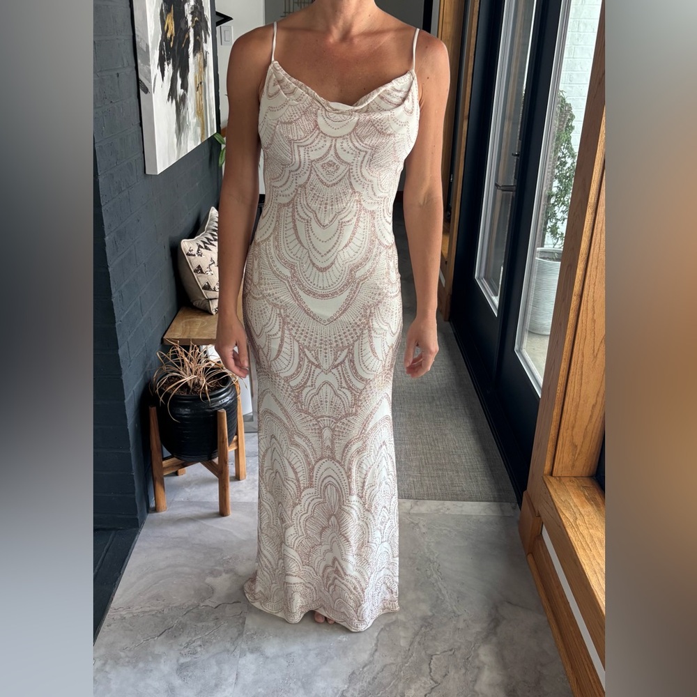 Elegant Cream and Pink Lace Evening Gown